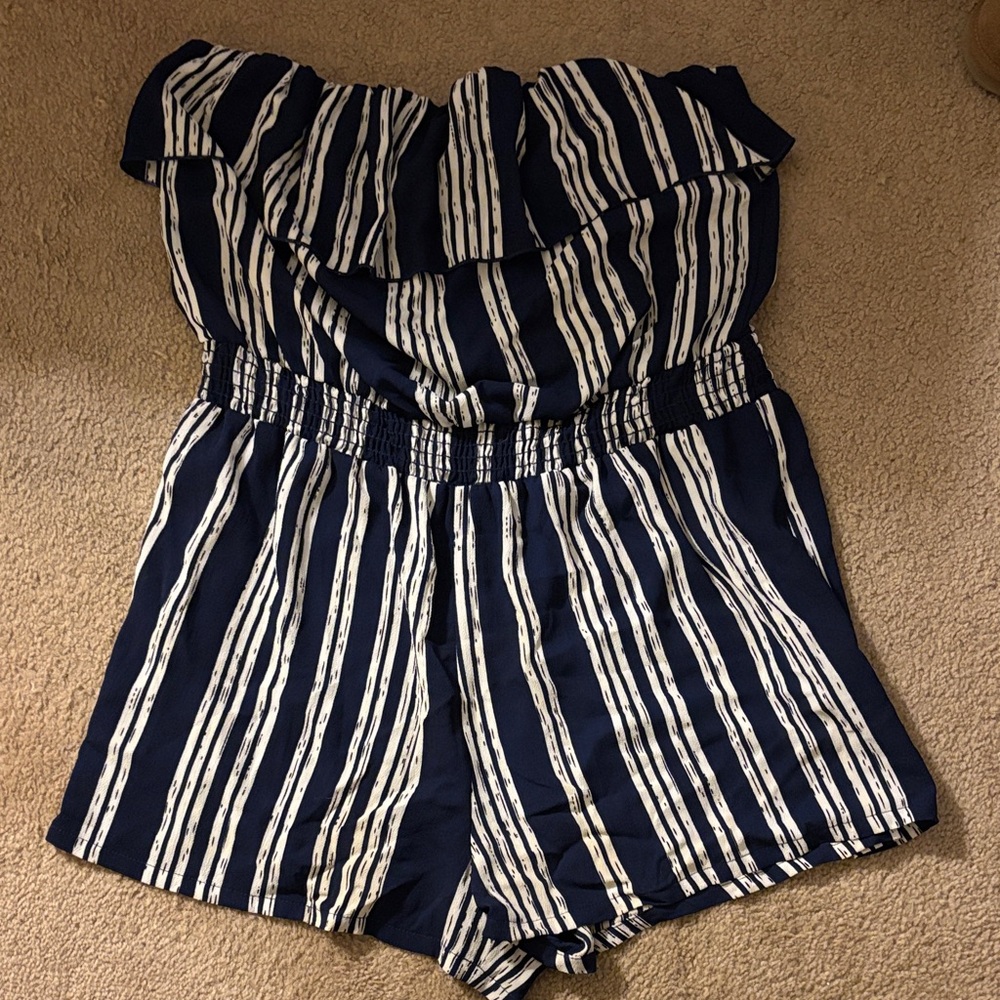Charlotte Russe Navy and White Striped Strapless Romper